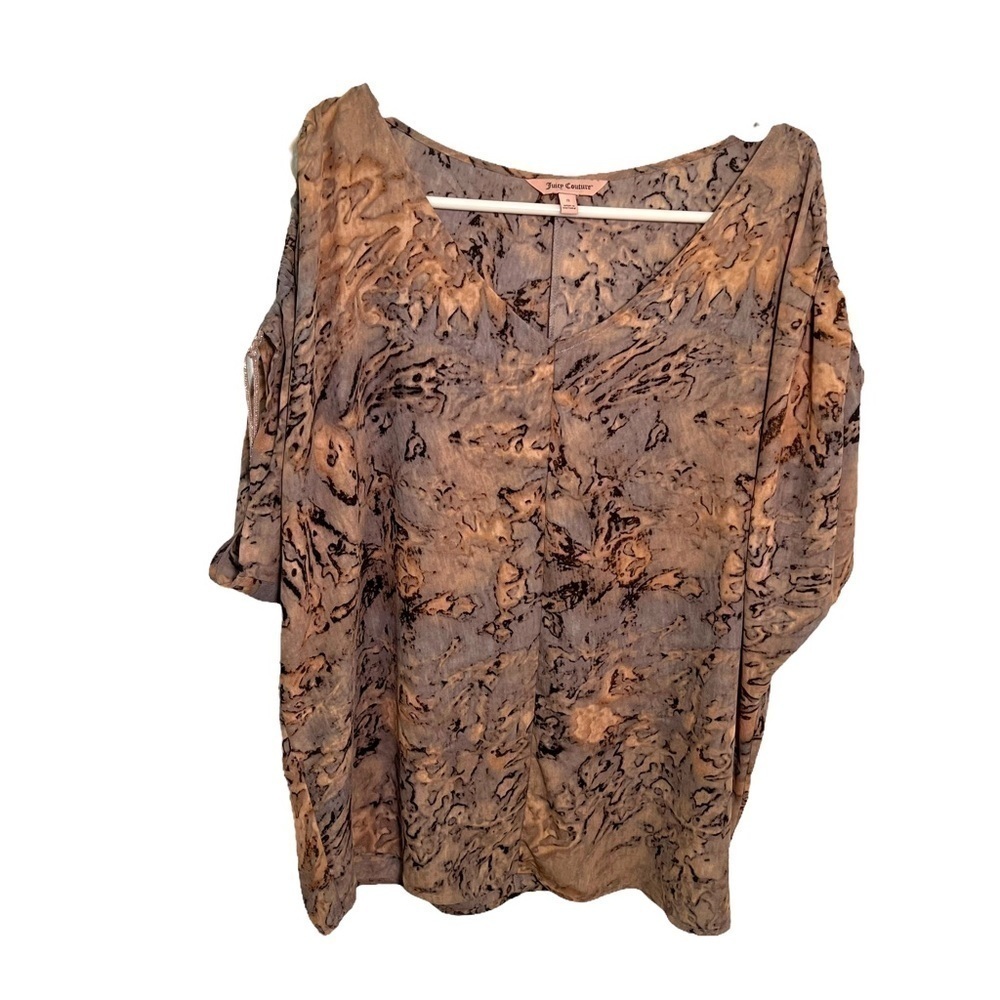 Juicy Couture Women's Size Small Cold Shoulder Blouse V-Neck Cinched Gray Beige